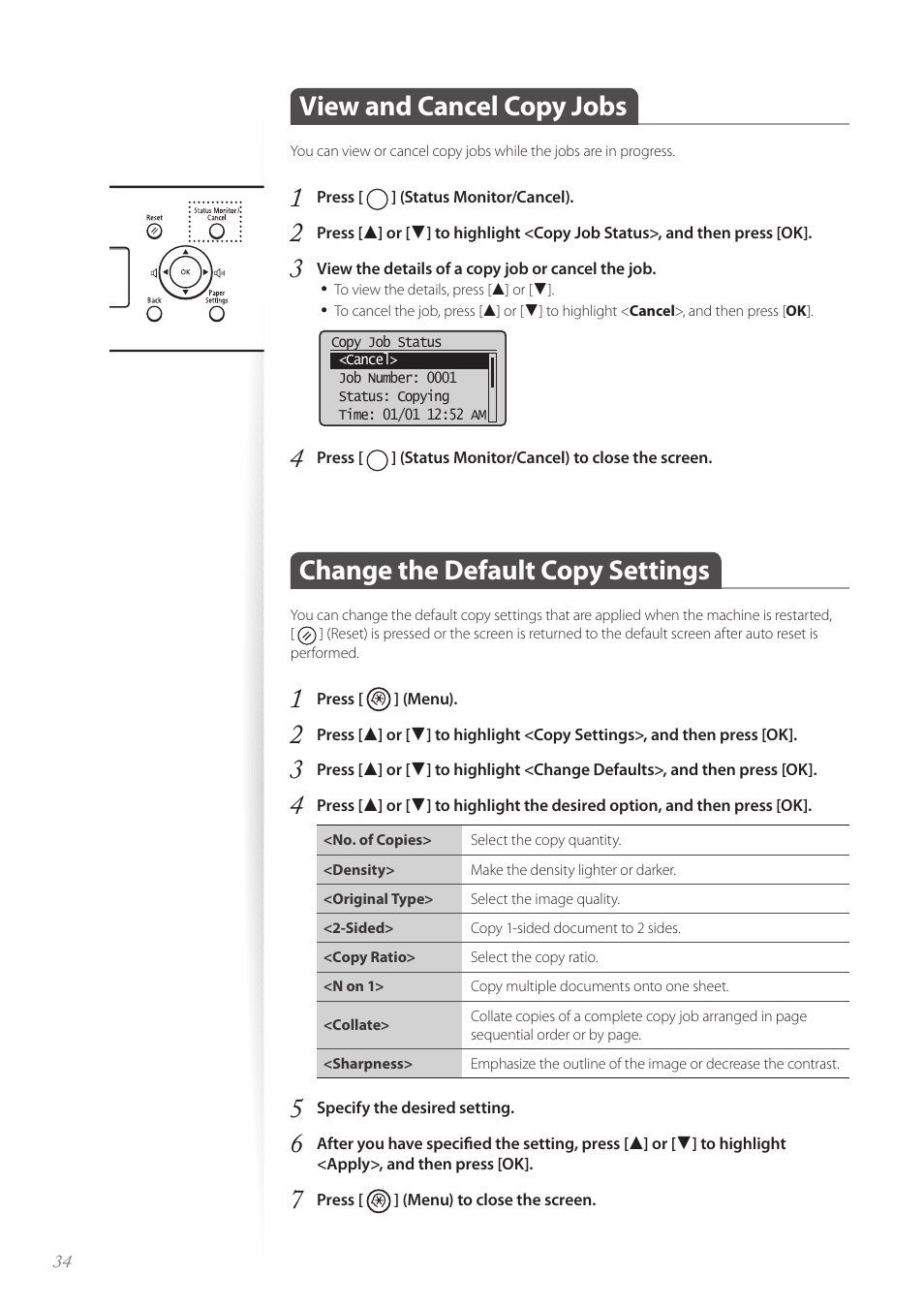 View and cancel copy jobs, Change the default copy settings, P.34 | Canon imageCLASS D530 User Manual | Page 34 / 76