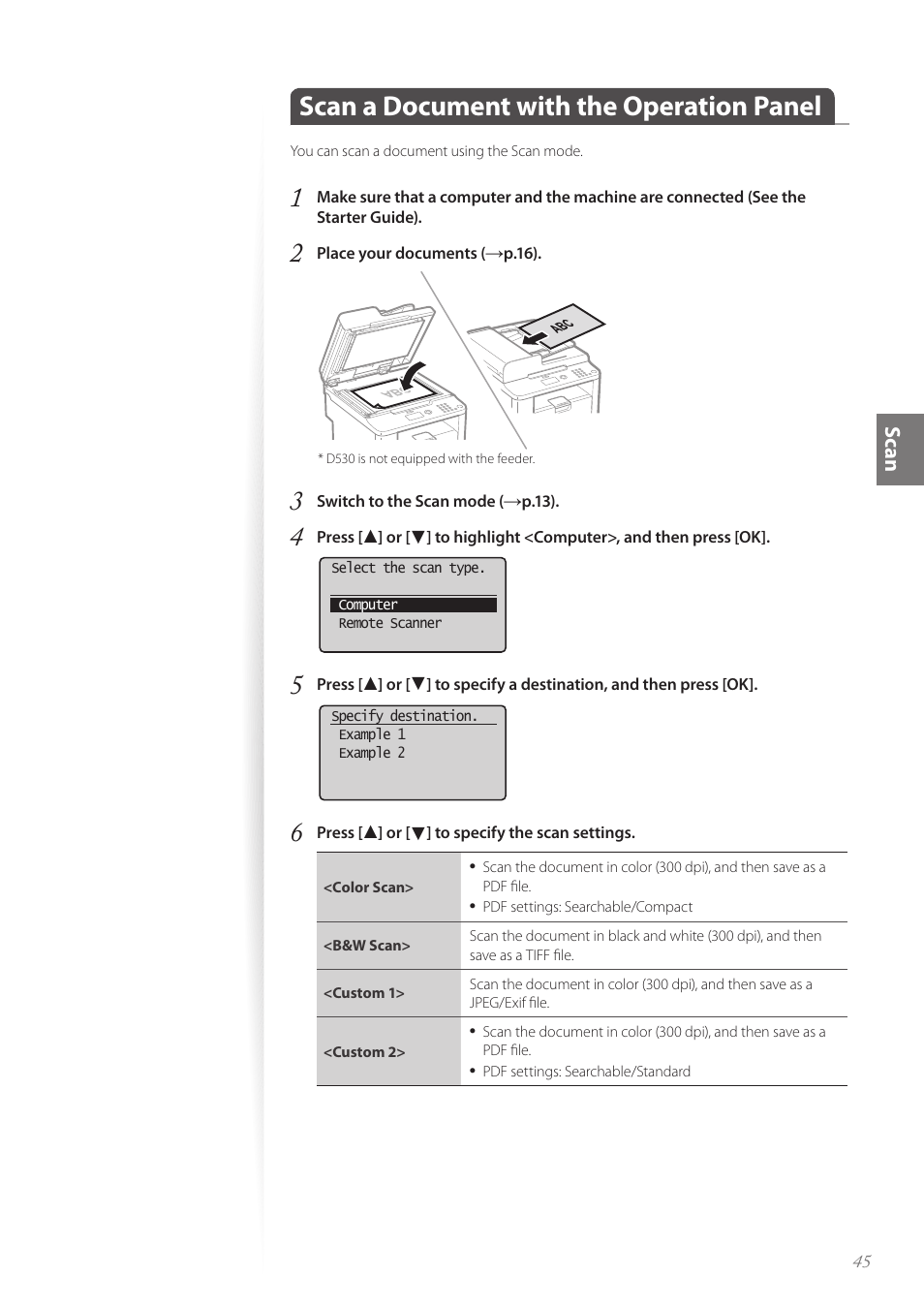 Scan a document with the operation panel, Scan | Canon imageCLASS D530 User Manual | Page 45 / 76