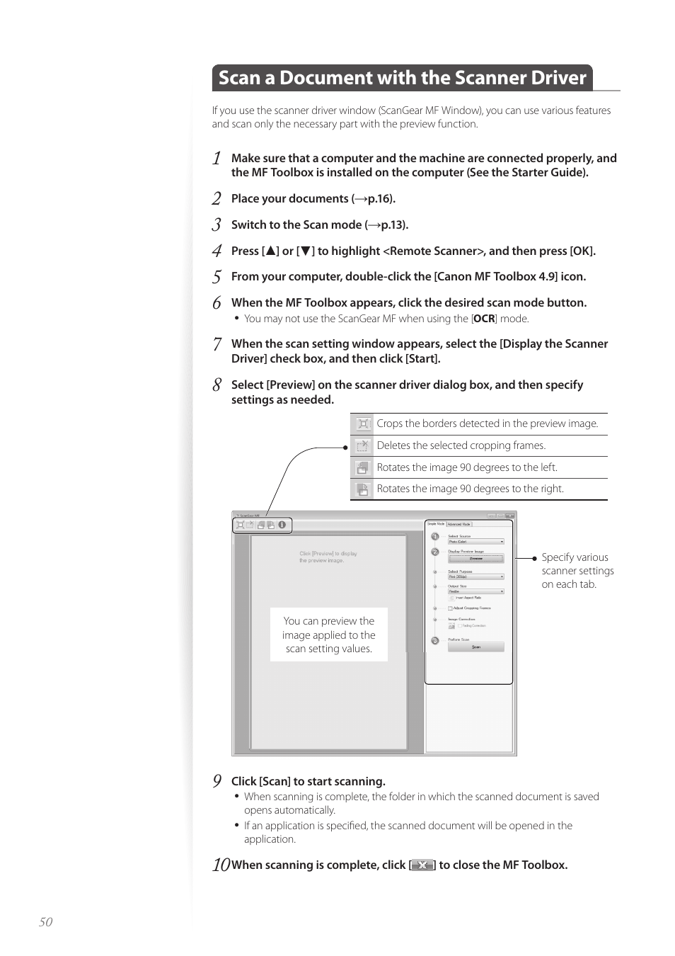 Scan a document with the scanner driver | Canon imageCLASS D530 User Manual | Page 50 / 76