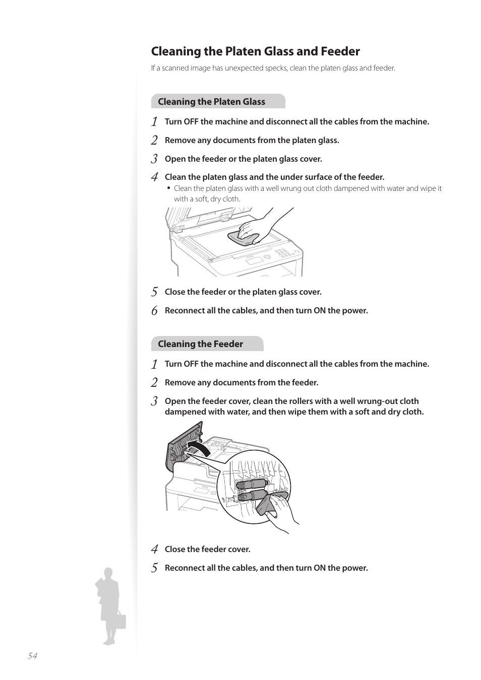 Cleaning the platen glass and feeder | Canon imageCLASS D530 User Manual | Page 54 / 76