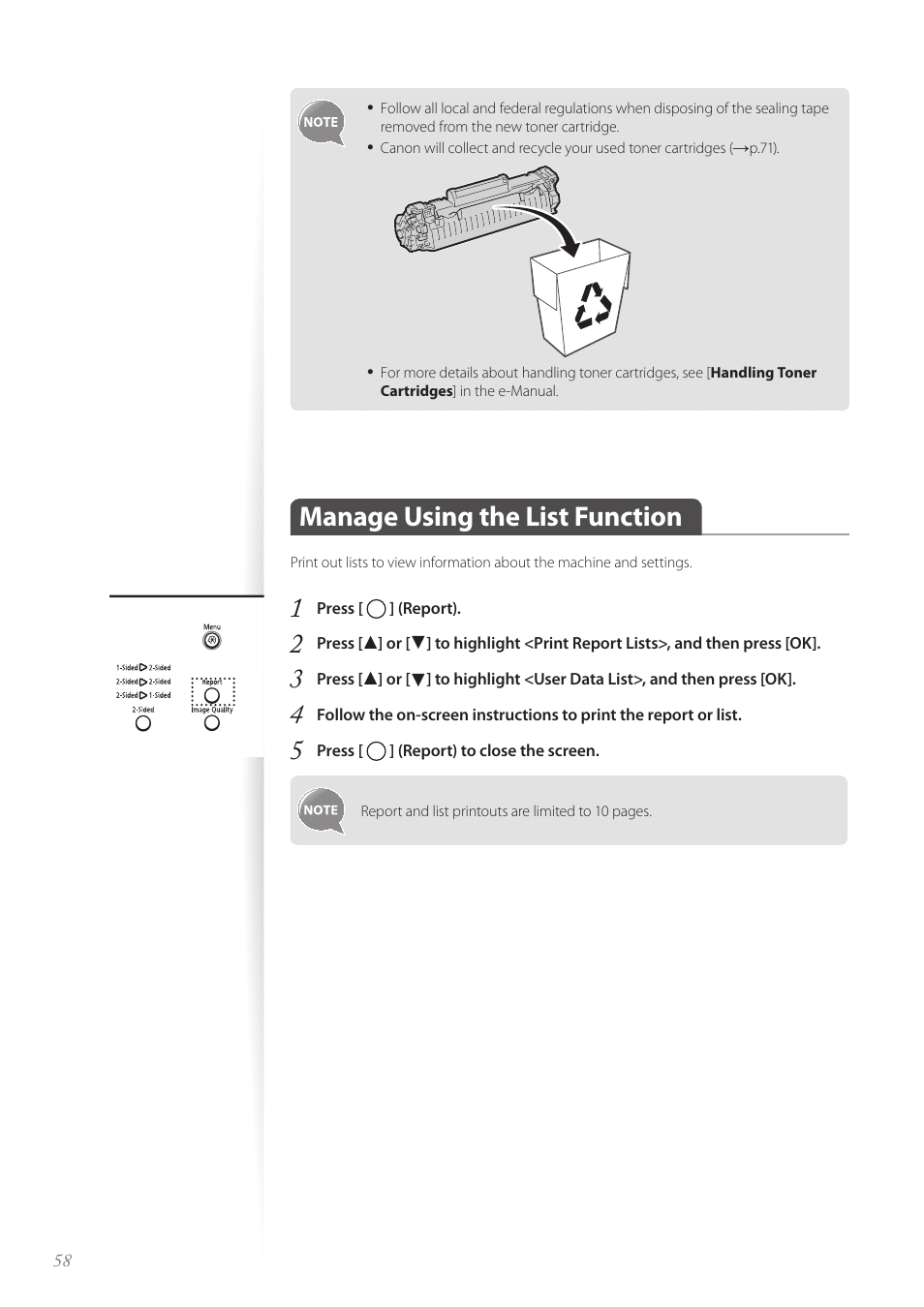 Manage using the list function, Manage using the list function ……………………………………… 58 | Canon imageCLASS D530 User Manual | Page 58 / 76