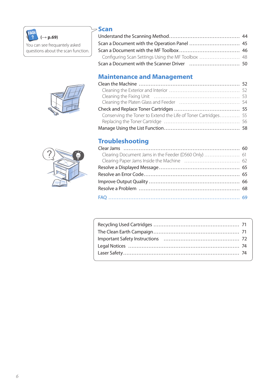 Scan, Maintenance and management, Troubleshooting | Canon imageCLASS D530 User Manual | Page 6 / 76