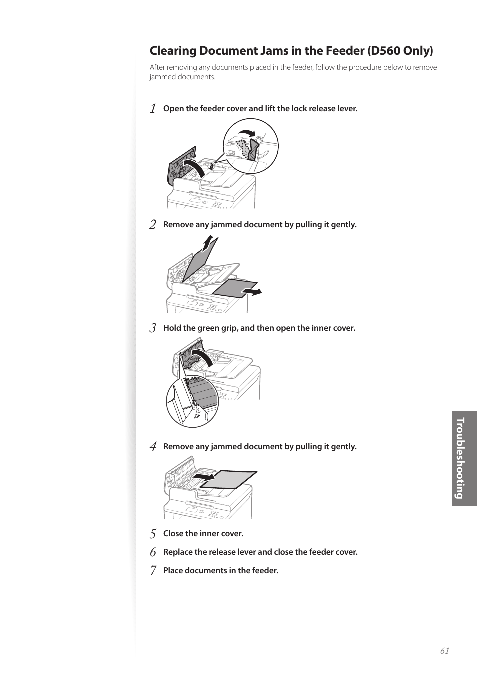 Clearing document jams in the feeder (d560 only) | Canon imageCLASS D530 User Manual | Page 61 / 76