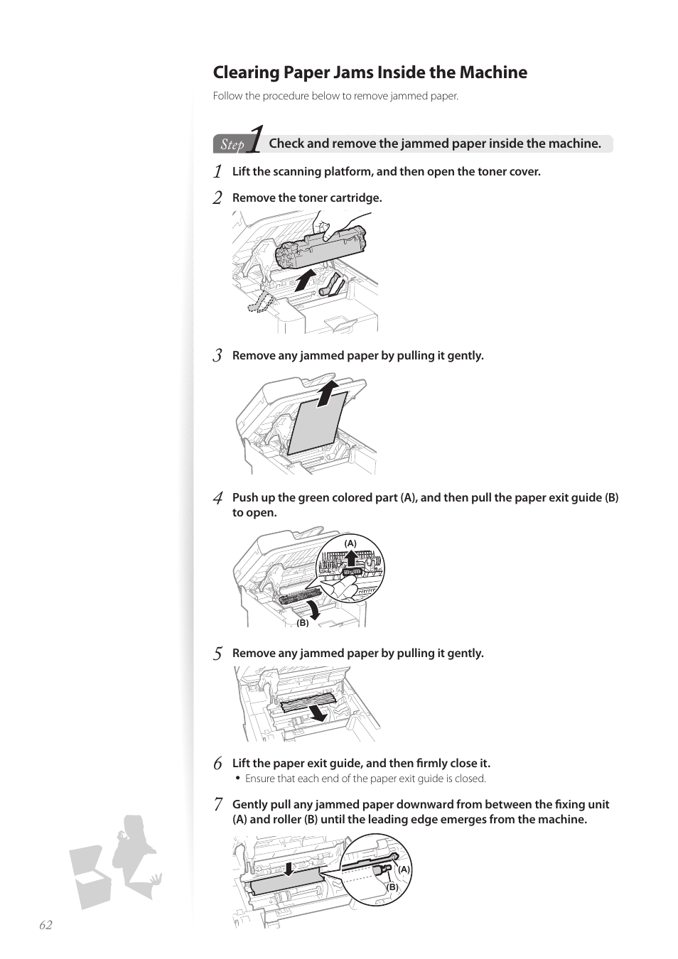 Clearing paper jams inside the machine | Canon imageCLASS D530 User Manual | Page 62 / 76