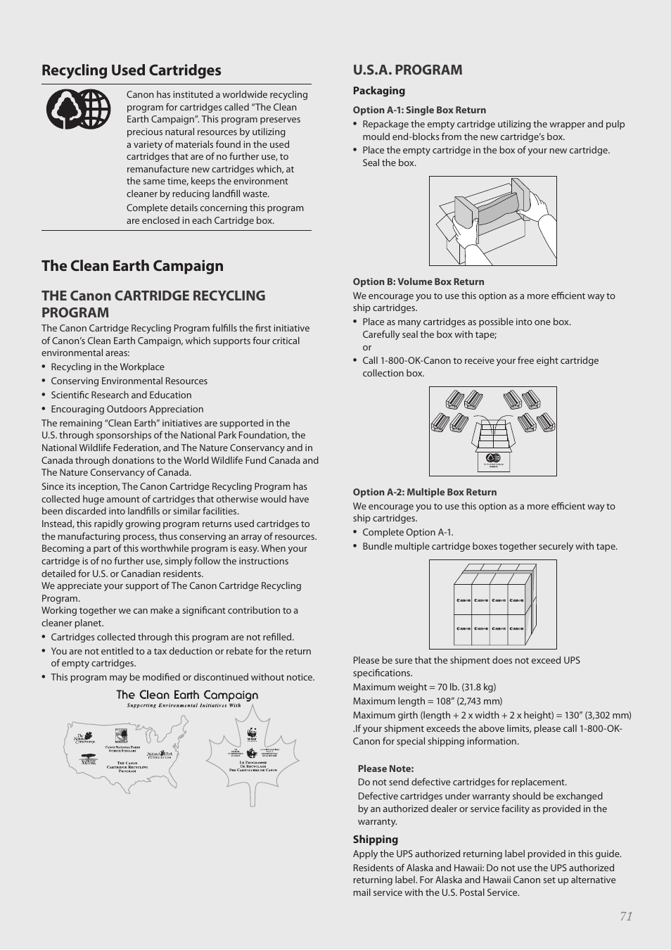 Recycling used cartridges, The clean earth campaign, The canon cartridge recycling program | U.s.a. program | Canon imageCLASS D530 User Manual | Page 71 / 76