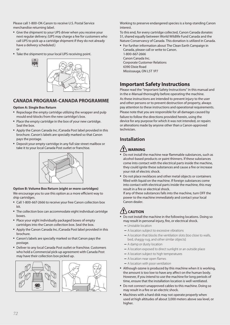 Important safety instructions, Important safety instructions ……………………………………… 72, Canada program-canada programme | Installation | Canon imageCLASS D530 User Manual | Page 72 / 76