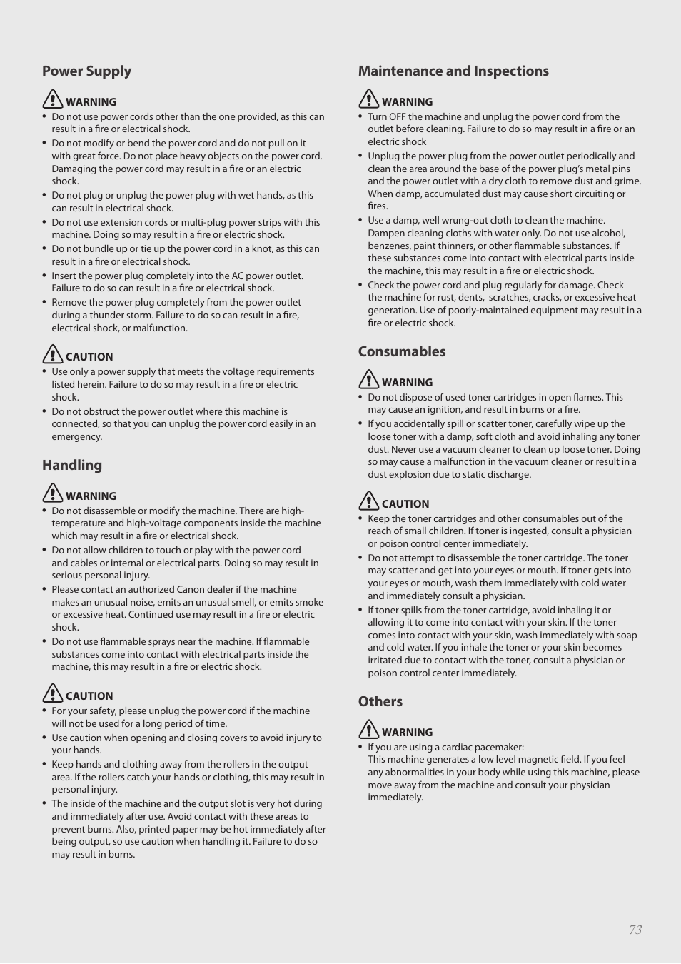 Power supply, Handling, Maintenance and inspections | Consumables, Others | Canon imageCLASS D530 User Manual | Page 73 / 76