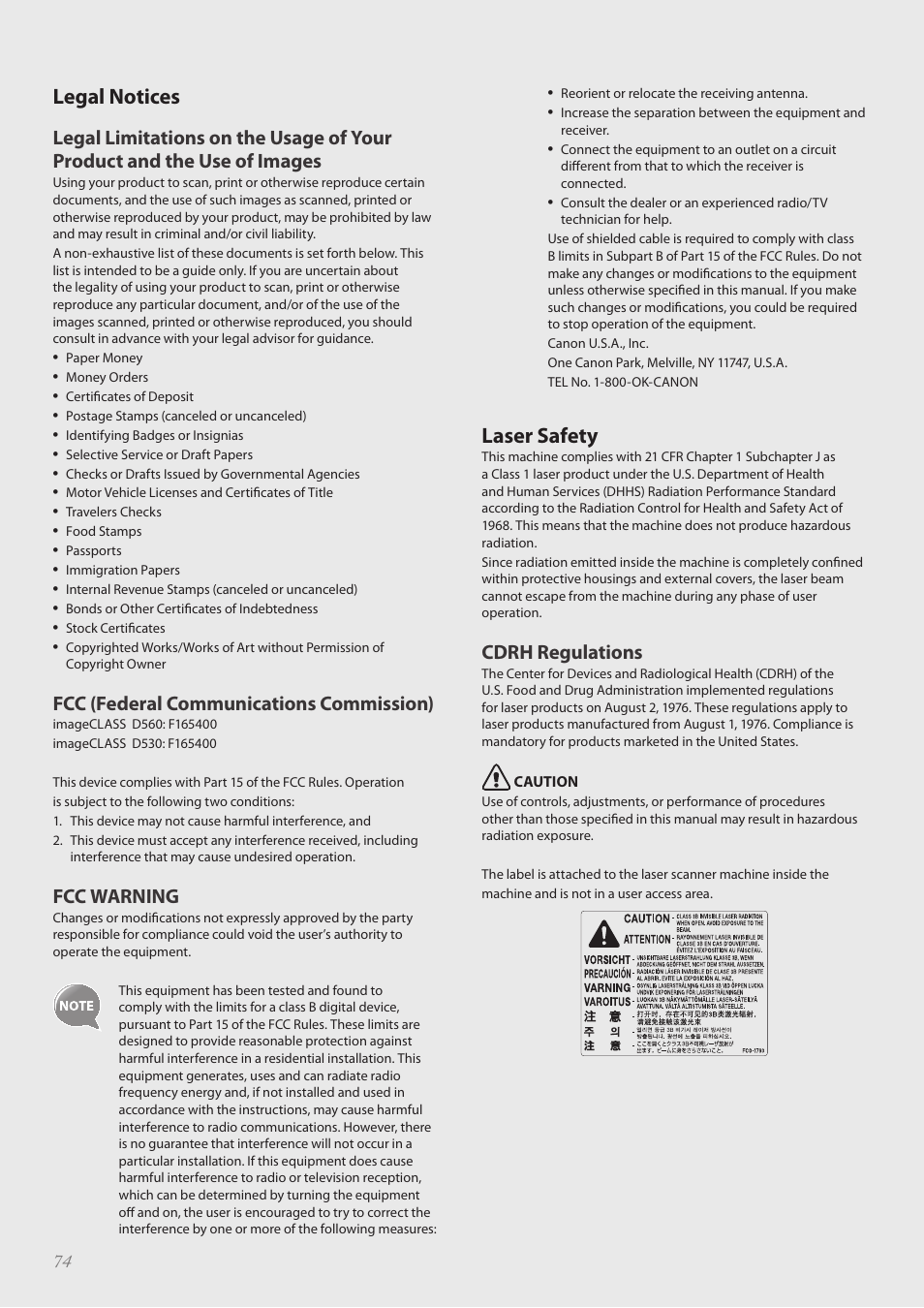 Legal notices, Laser safety, Fcc (federal communications commission) | Fcc warning, Cdrh regulations | Canon imageCLASS D530 User Manual | Page 74 / 76