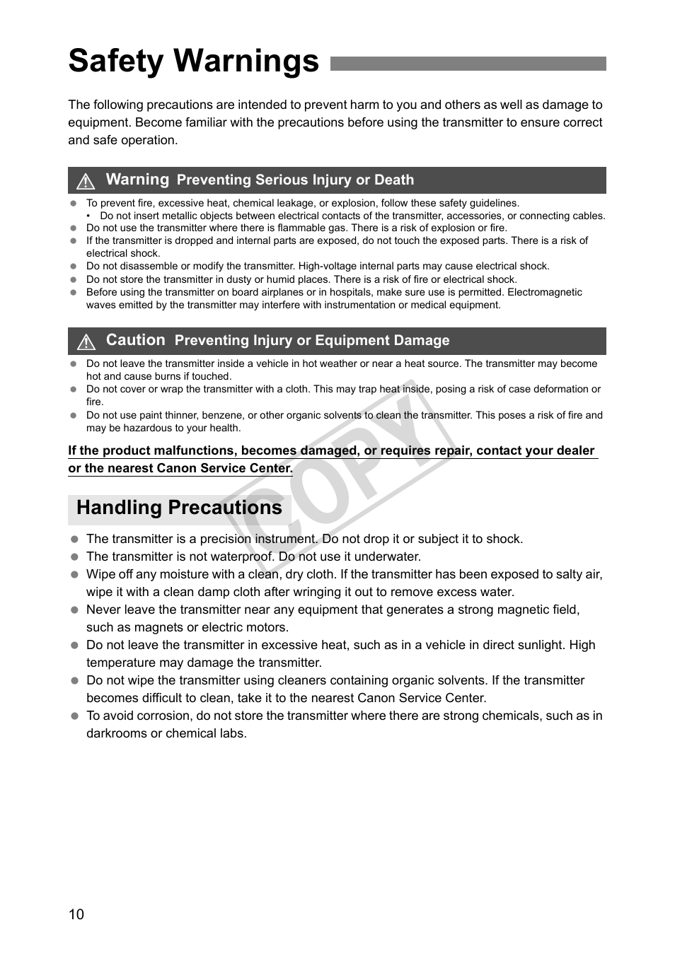 Safety warnings, Handling precautions, Cop y | Canon Wireless File Transmitter WFT-E2 II A User Manual | Page 10 / 120