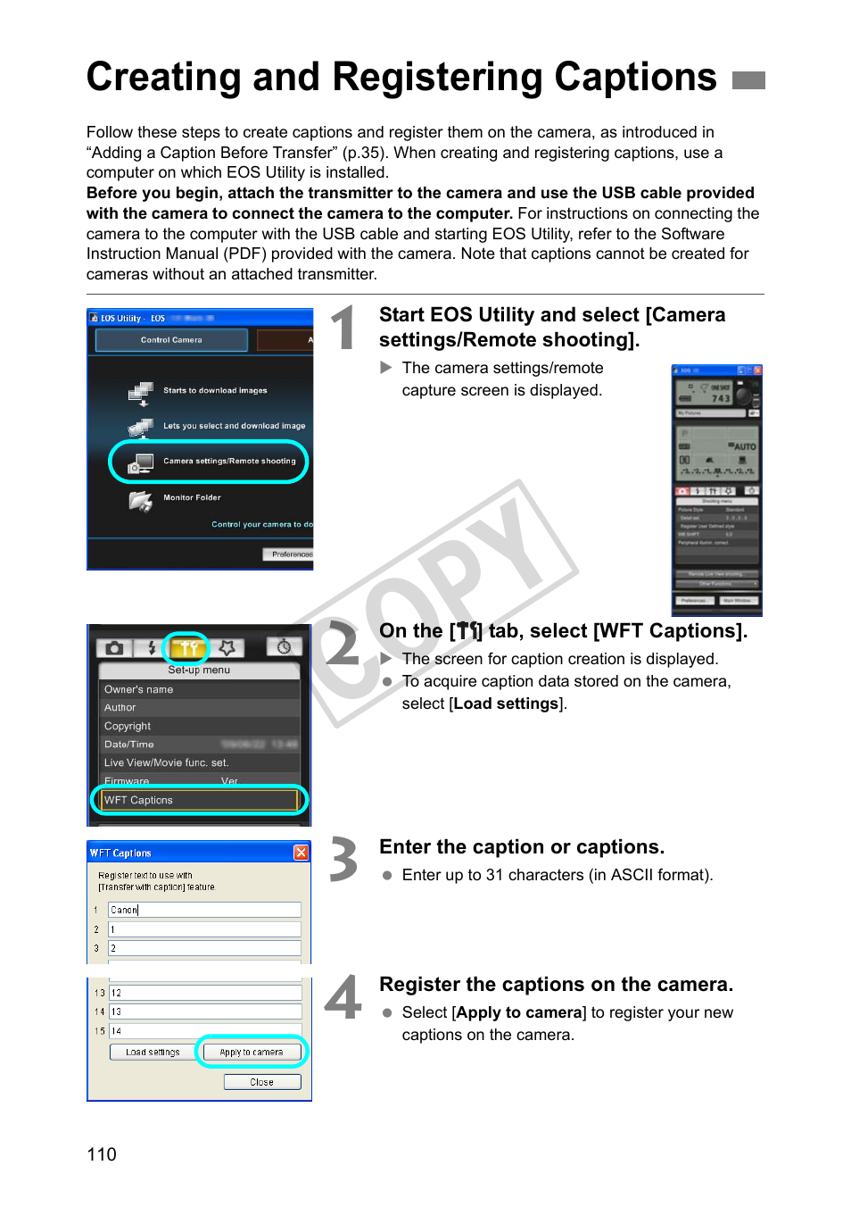 Creating and registering captions, Cop y | Canon Wireless File Transmitter WFT-E2 II A User Manual | Page 110 / 120
