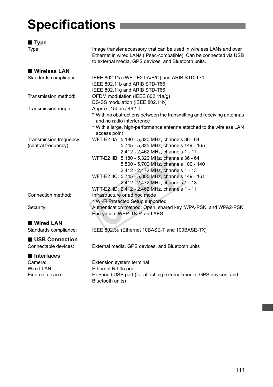 Specifications, Cop y | Canon Wireless File Transmitter WFT-E2 II A User Manual | Page 111 / 120