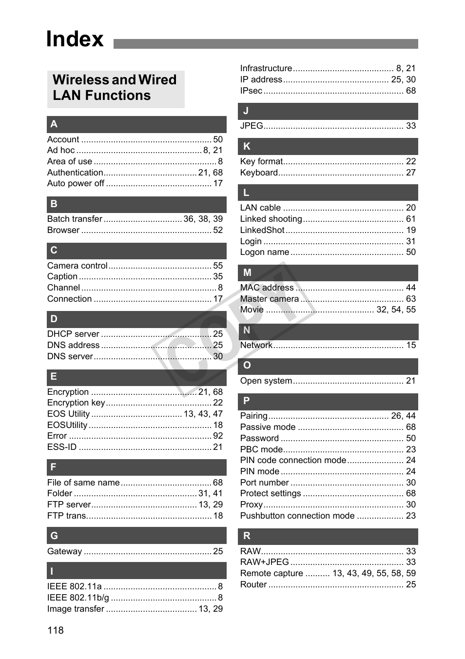 Index, C op y | Canon Wireless File Transmitter WFT-E2 II A User Manual | Page 118 / 120