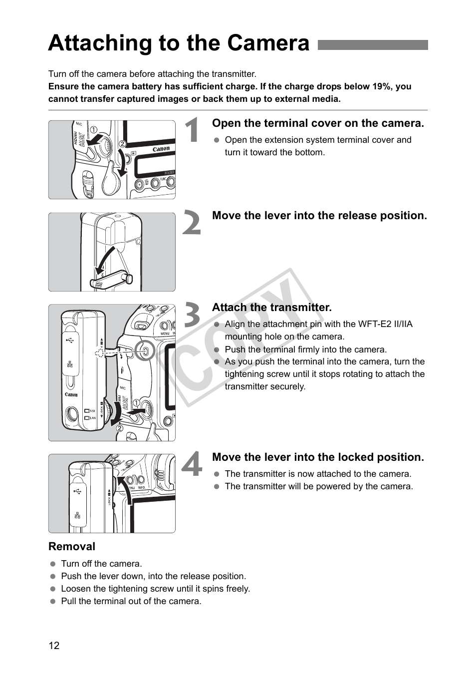Attaching to the camera, Cop y | Canon Wireless File Transmitter WFT-E2 II A User Manual | Page 12 / 120