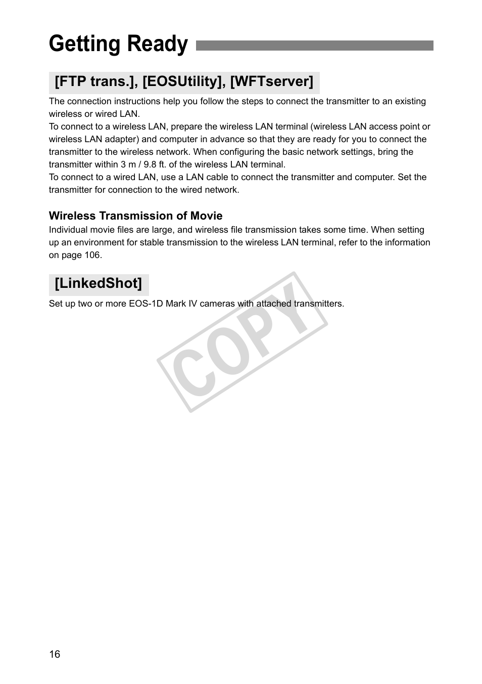 Getting ready, Ftp trans.], [eosutility], [wftserver, Linkedshot | Cop y | Canon Wireless File Transmitter WFT-E2 II A User Manual | Page 16 / 120