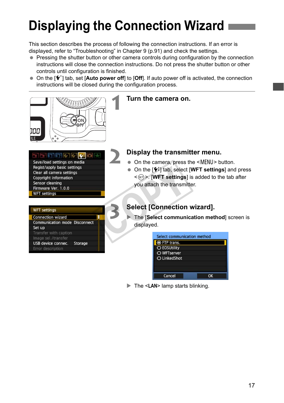 Displaying the connection wizard, Cop y | Canon Wireless File Transmitter WFT-E2 II A User Manual | Page 17 / 120