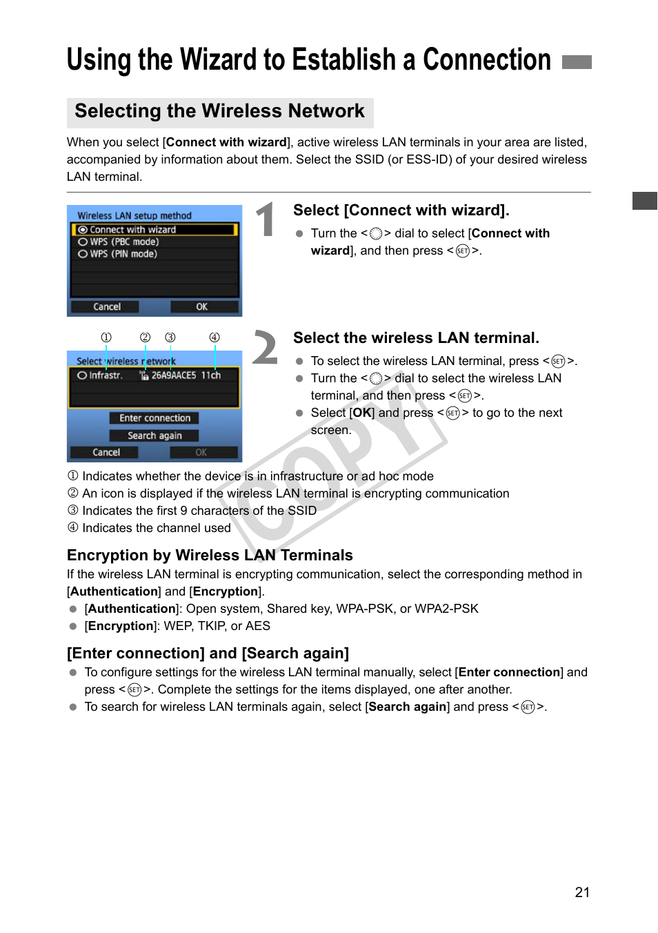 Using the wizard to establish a connection, Selecting the wireless network, E p.21 | Cop y | Canon Wireless File Transmitter WFT-E2 II A User Manual | Page 21 / 120