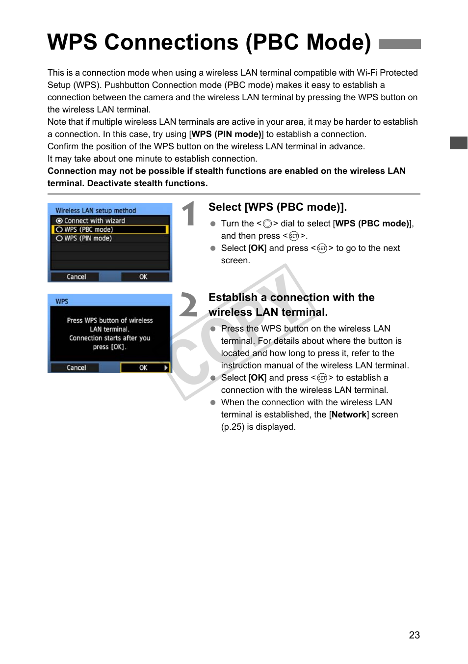 Wps connections (pbc mode), Cop y | Canon Wireless File Transmitter WFT-E2 II A User Manual | Page 23 / 120