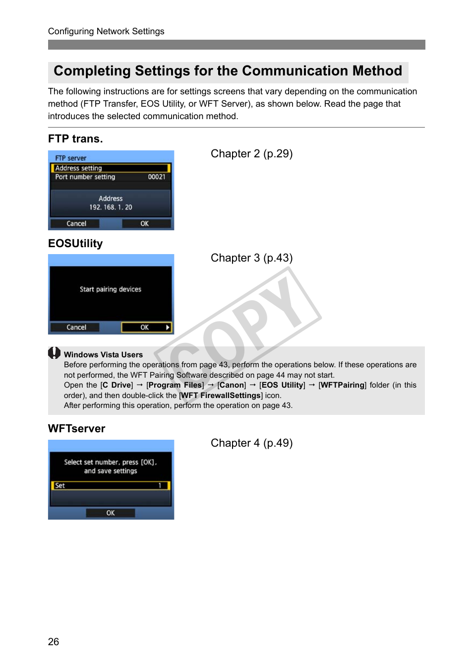 Completing settings for the communication method, Cop y | Canon Wireless File Transmitter WFT-E2 II A User Manual | Page 26 / 120