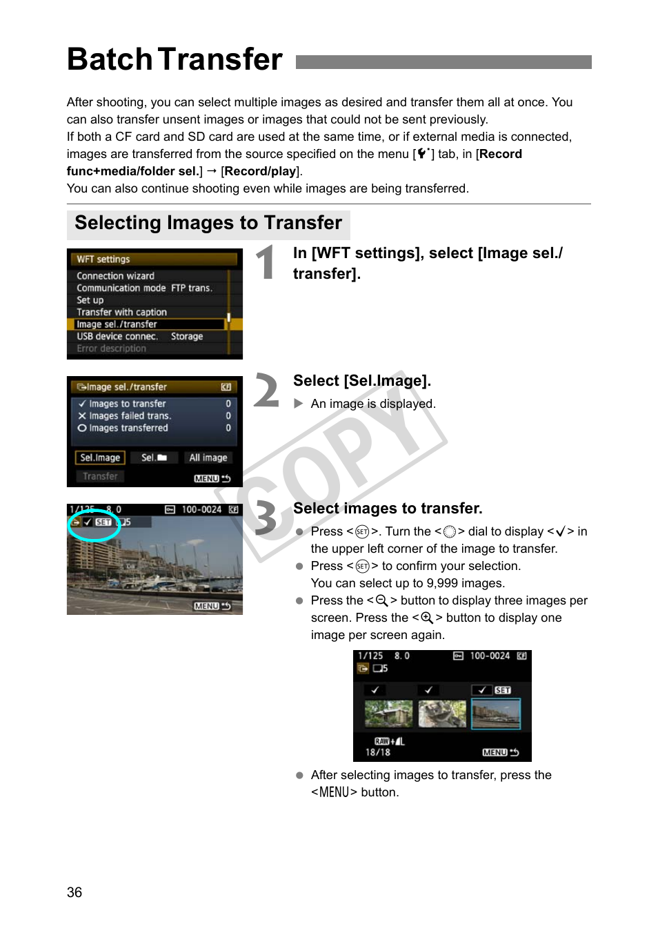 Batch transfer, Selecting images to transfer, Cop y | Canon Wireless File Transmitter WFT-E2 II A User Manual | Page 36 / 120