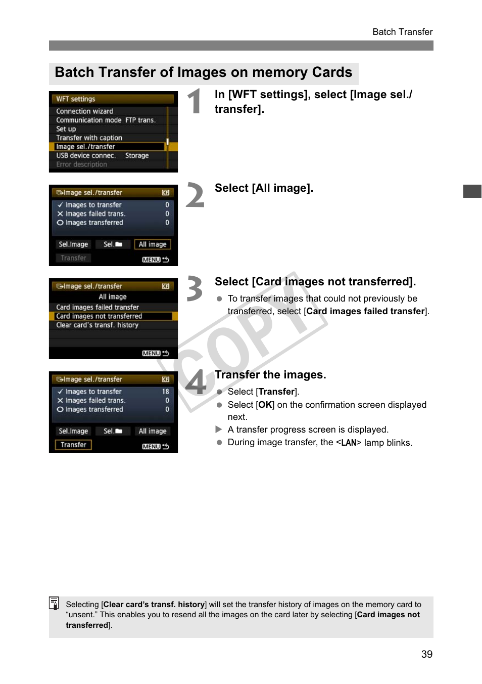 Batch transfer of images on memory cards, Cop y | Canon Wireless File Transmitter WFT-E2 II A User Manual | Page 39 / 120