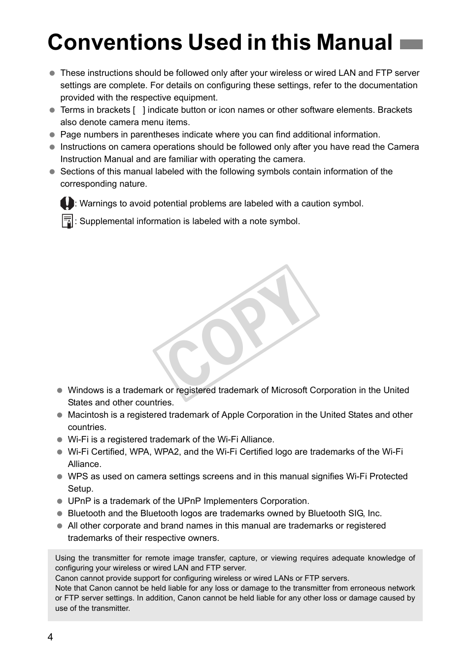 Conventions used in this manual, Cop y | Canon Wireless File Transmitter WFT-E2 II A User Manual | Page 4 / 120