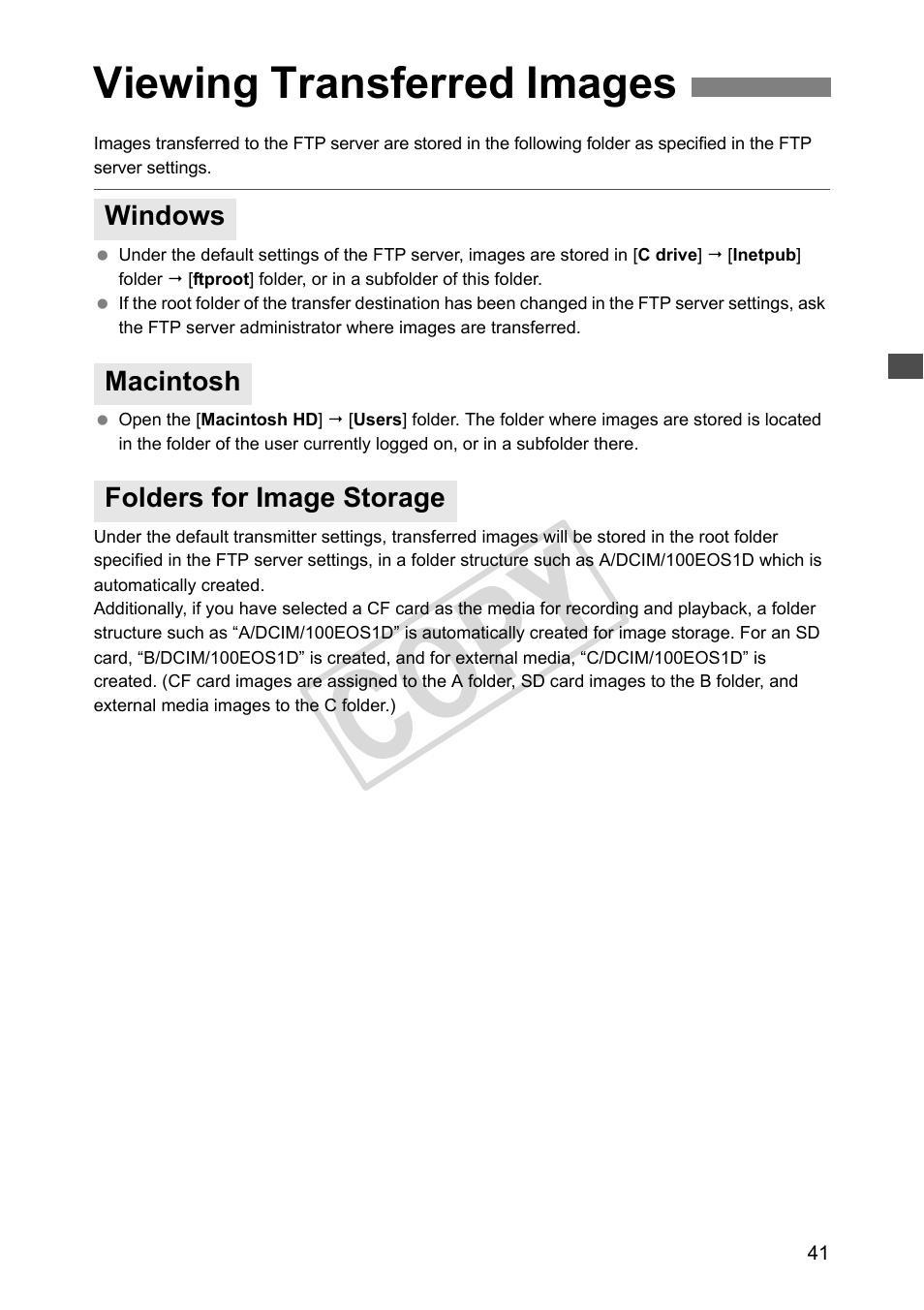 Viewing transferred images, Windows, Macintosh | Folders for image storage, Cop y | Canon Wireless File Transmitter WFT-E2 II A User Manual | Page 41 / 120