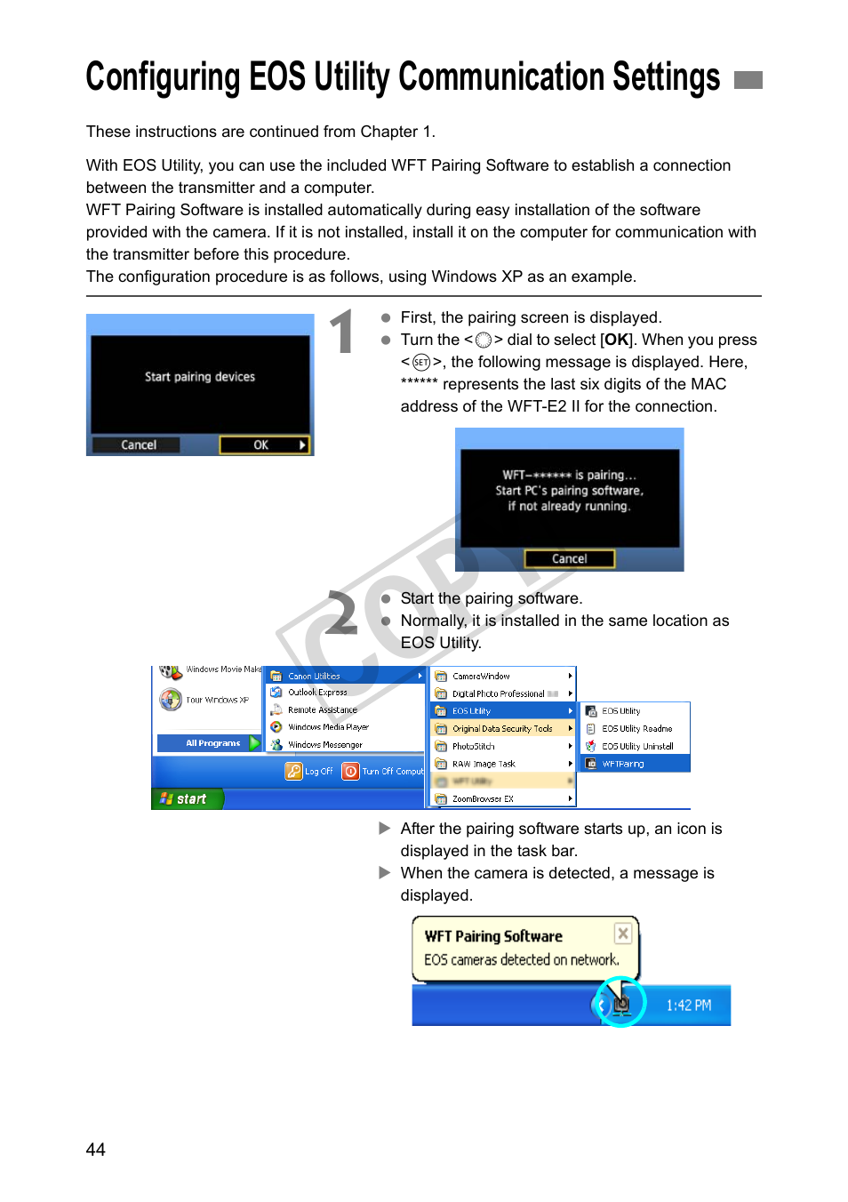 Configuring eos utility communication settings, Age 44 may not, Cop y | Canon Wireless File Transmitter WFT-E2 II A User Manual | Page 44 / 120