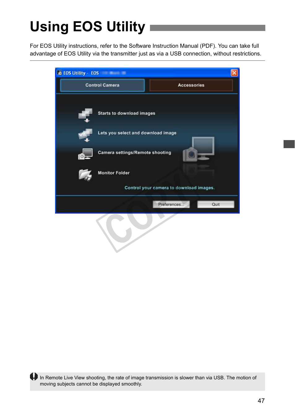 Using eos utility, Cop y | Canon Wireless File Transmitter WFT-E2 II A User Manual | Page 47 / 120