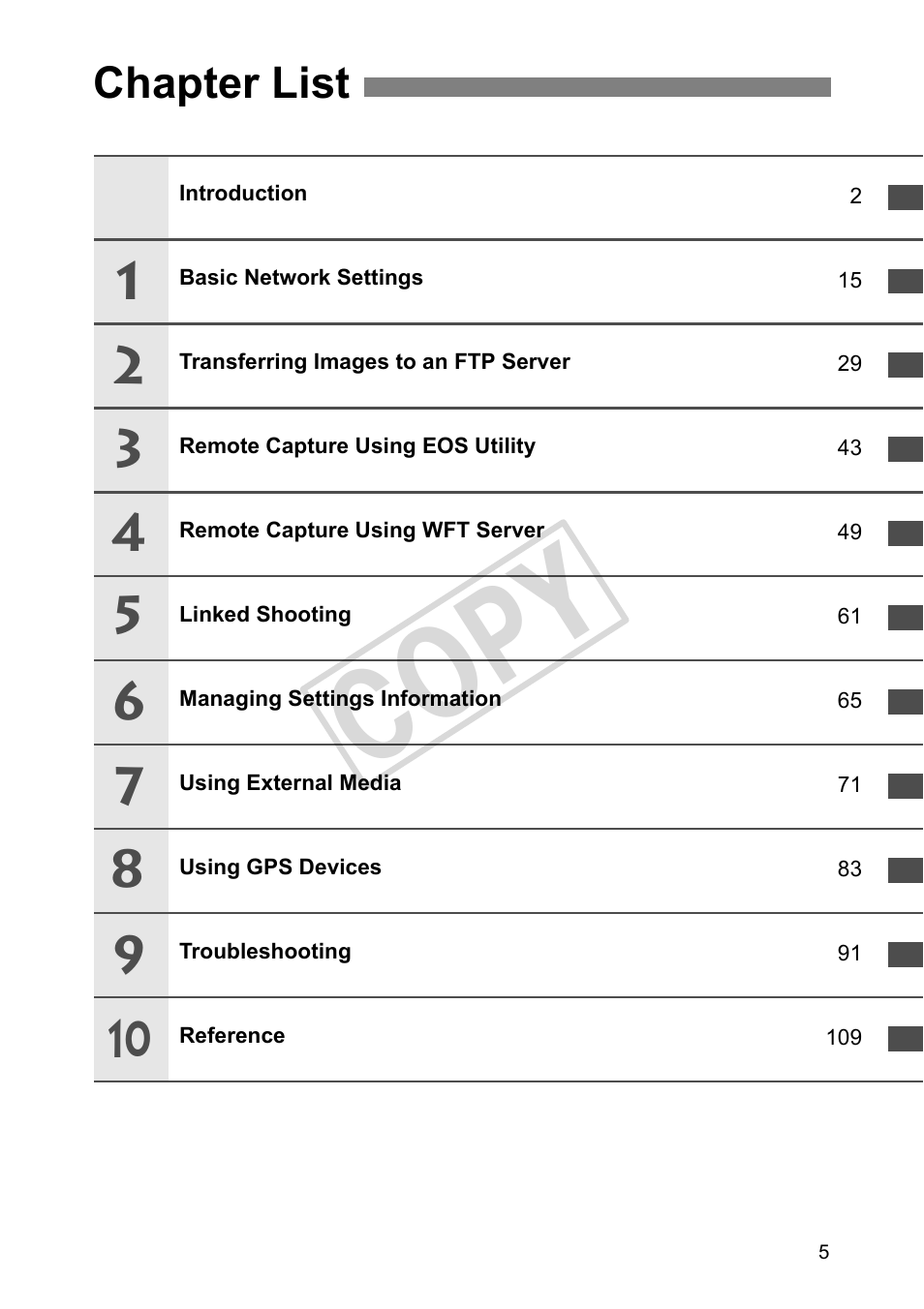 Chapter list, Cop y | Canon Wireless File Transmitter WFT-E2 II A User Manual | Page 5 / 120