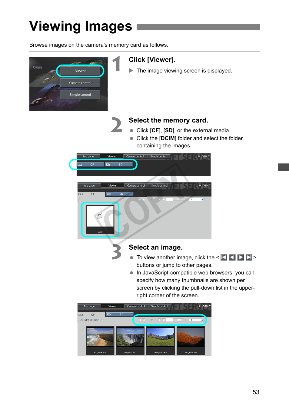 Viewing images, Cop y | Canon Wireless File Transmitter WFT-E2 II A User Manual | Page 53 / 120