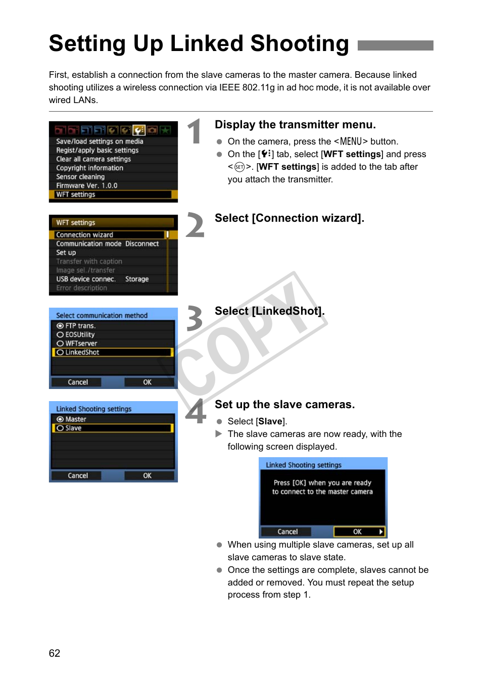 Setting up linked shooting, Cop y | Canon Wireless File Transmitter WFT-E2 II A User Manual | Page 62 / 120