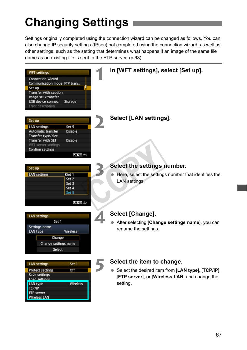 Changing settings, Cop y | Canon Wireless File Transmitter WFT-E2 II A User Manual | Page 67 / 120