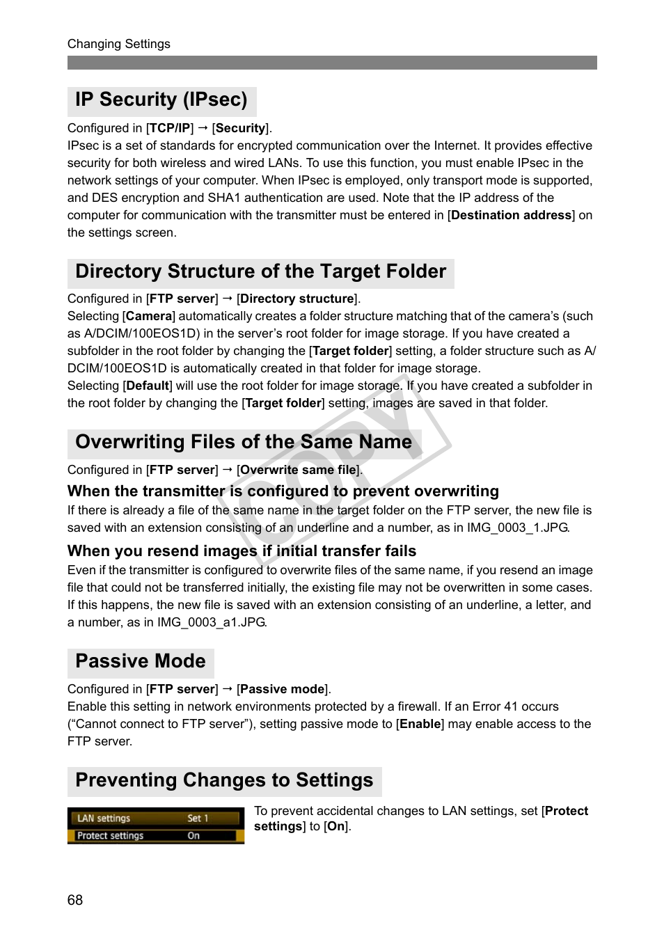 Ip security (ipsec), Directory structure of the target folder, Overwriting files of the same name | Passive mode, Preventing changes to settings, Cop y | Canon Wireless File Transmitter WFT-E2 II A User Manual | Page 68 / 120