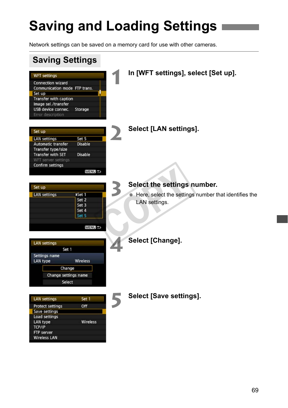 Saving and loading settings, Saving settings, Cop y | Canon Wireless File Transmitter WFT-E2 II A User Manual | Page 69 / 120