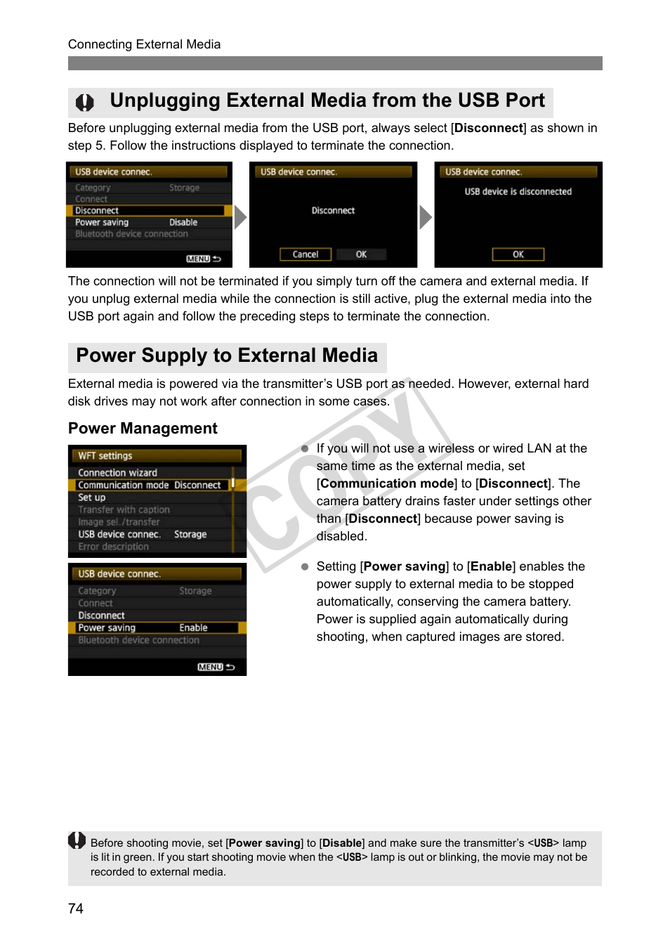 Unplugging external media from the usb port, Power supply to external media, Cop y | Canon Wireless File Transmitter WFT-E2 II A User Manual | Page 74 / 120