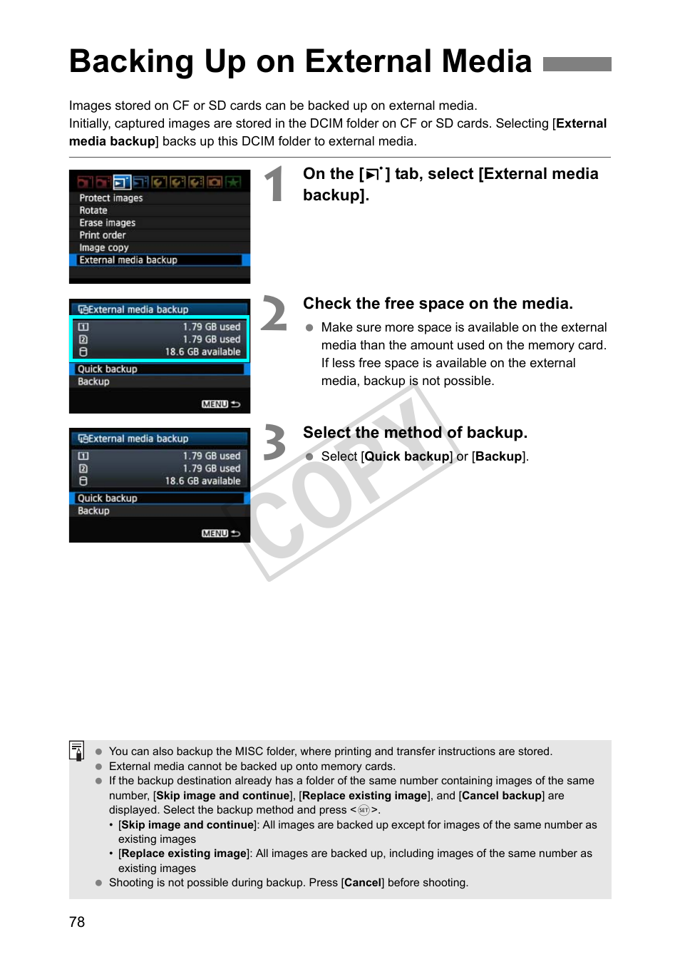 Backing up on external media, Cop y | Canon Wireless File Transmitter WFT-E2 II A User Manual | Page 78 / 120
