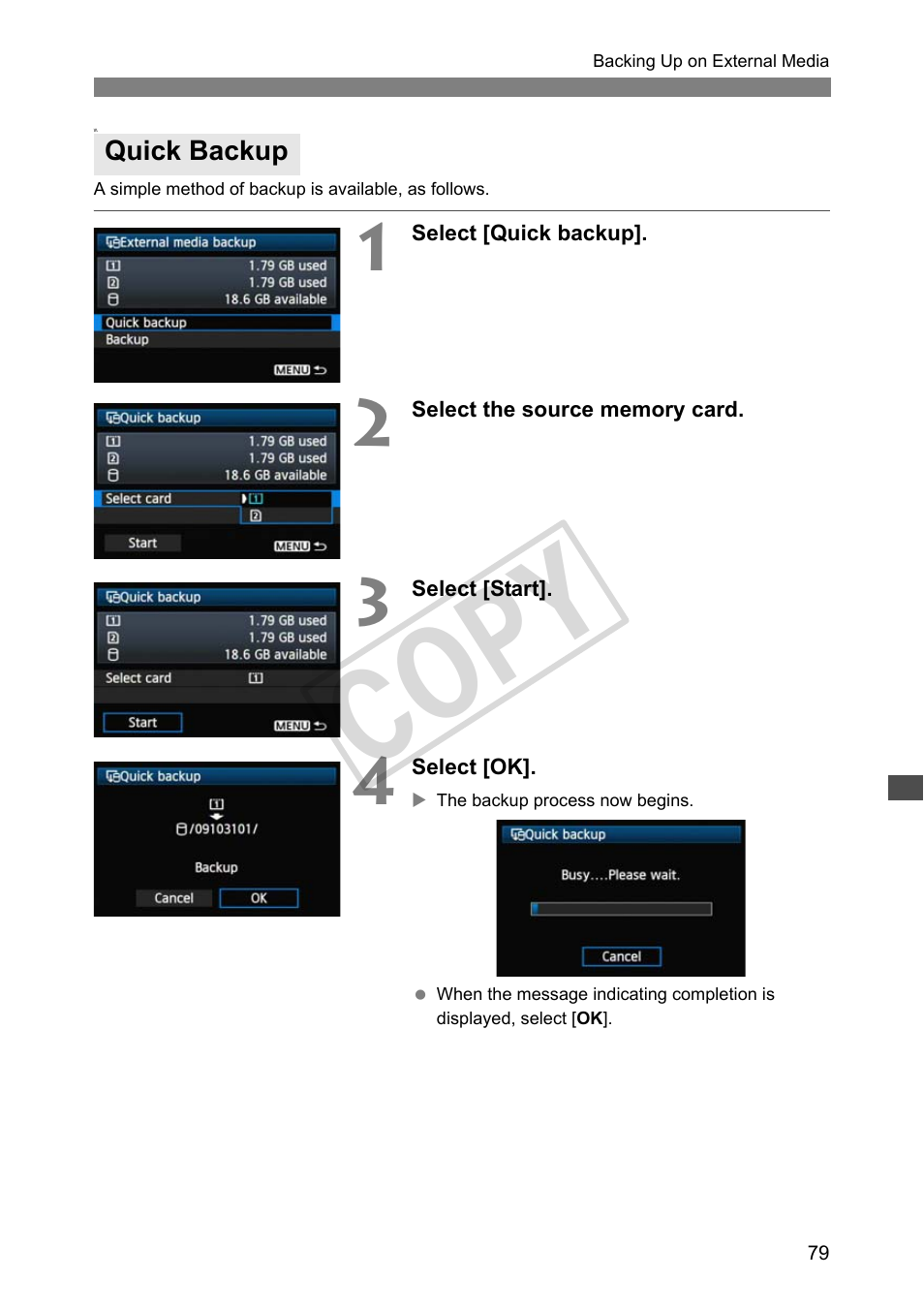 Quick backup, Cop y | Canon Wireless File Transmitter WFT-E2 II A User Manual | Page 79 / 120