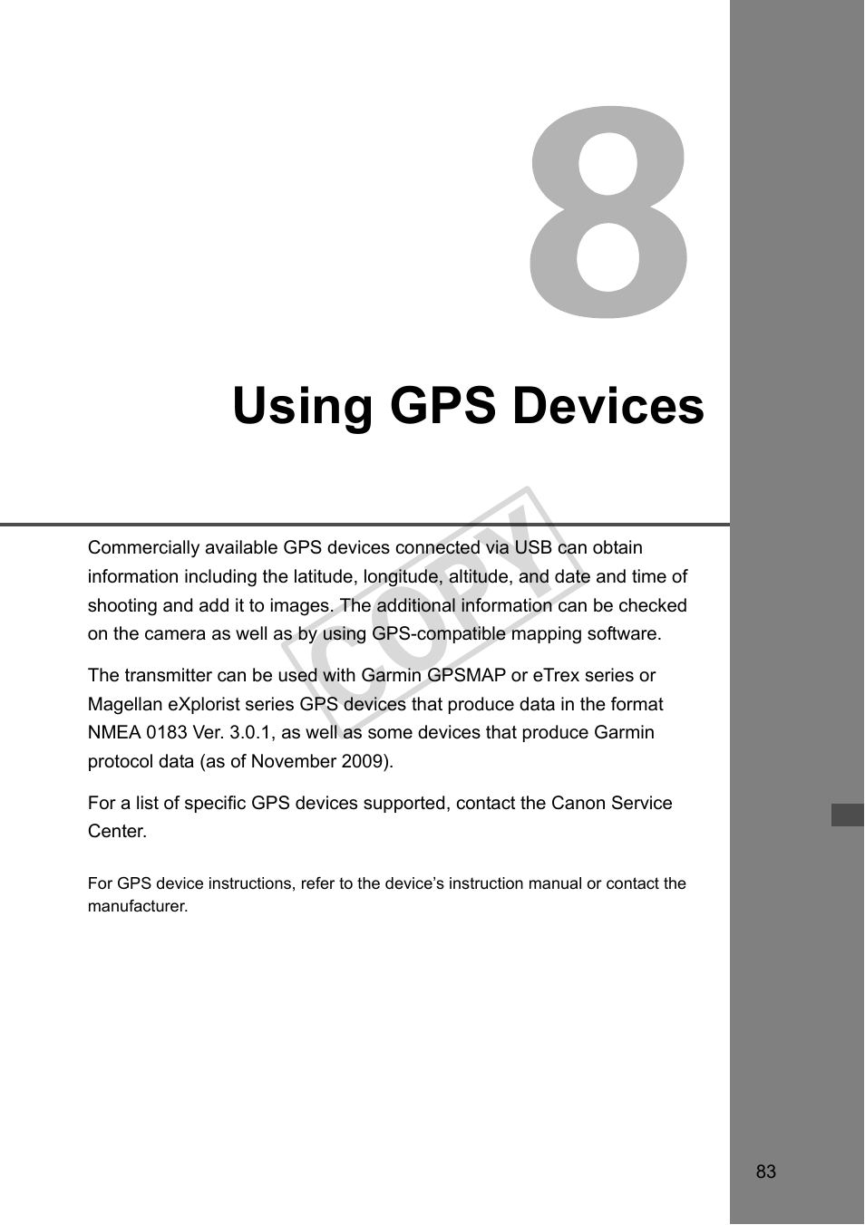 Using gps devices, 8 using gps devices (p.83), Cop y | Canon Wireless File Transmitter WFT-E2 II A User Manual | Page 83 / 120