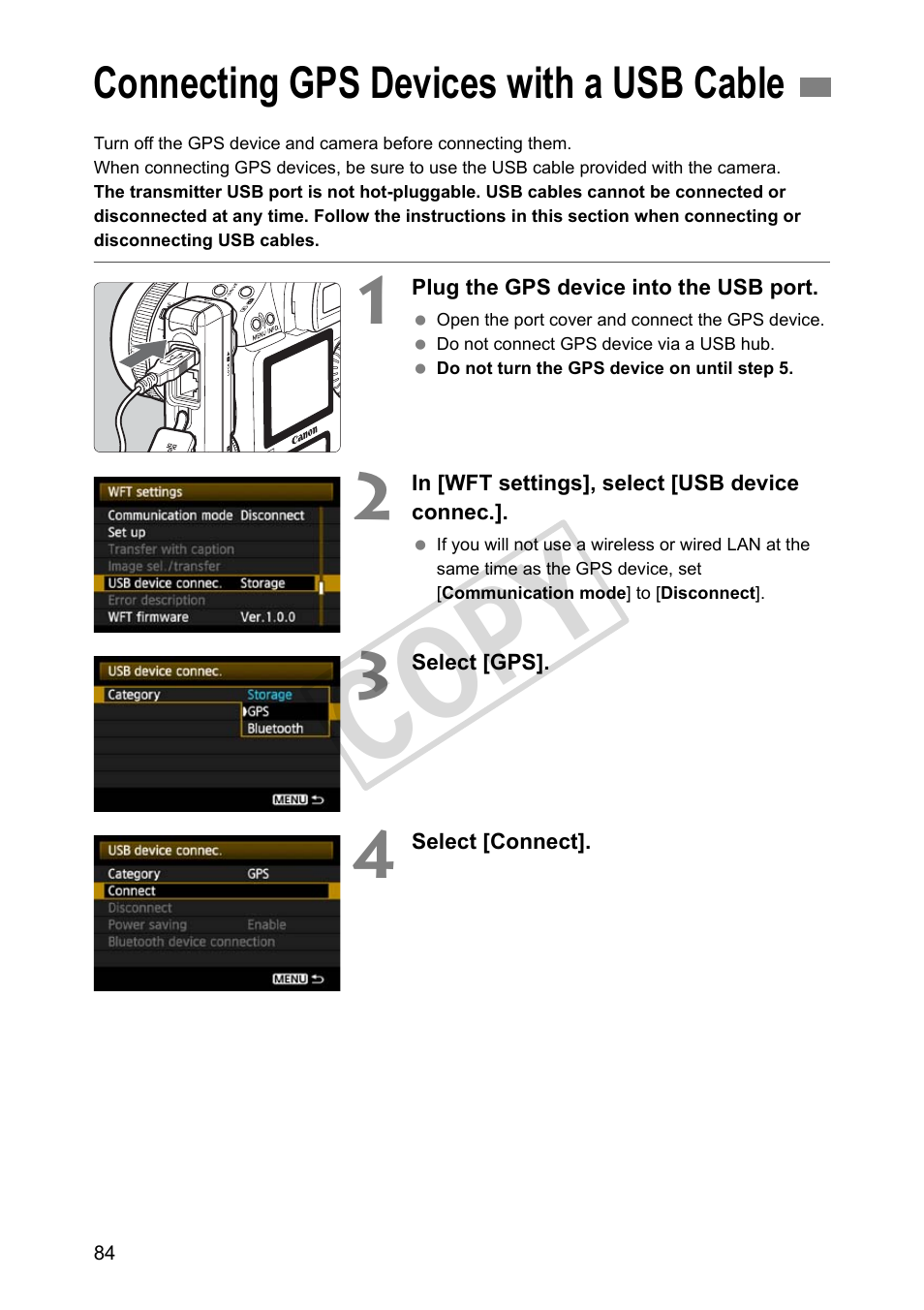 Connecting gps devices with a usb cable, Cop y | Canon Wireless File Transmitter WFT-E2 II A User Manual | Page 84 / 120