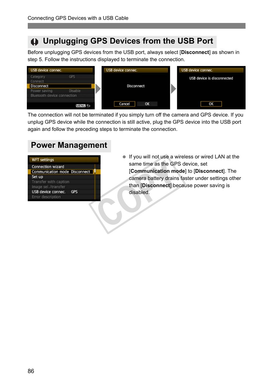 Unplugging gps devices from the usb port, Power management, Cop y | Canon Wireless File Transmitter WFT-E2 II A User Manual | Page 86 / 120