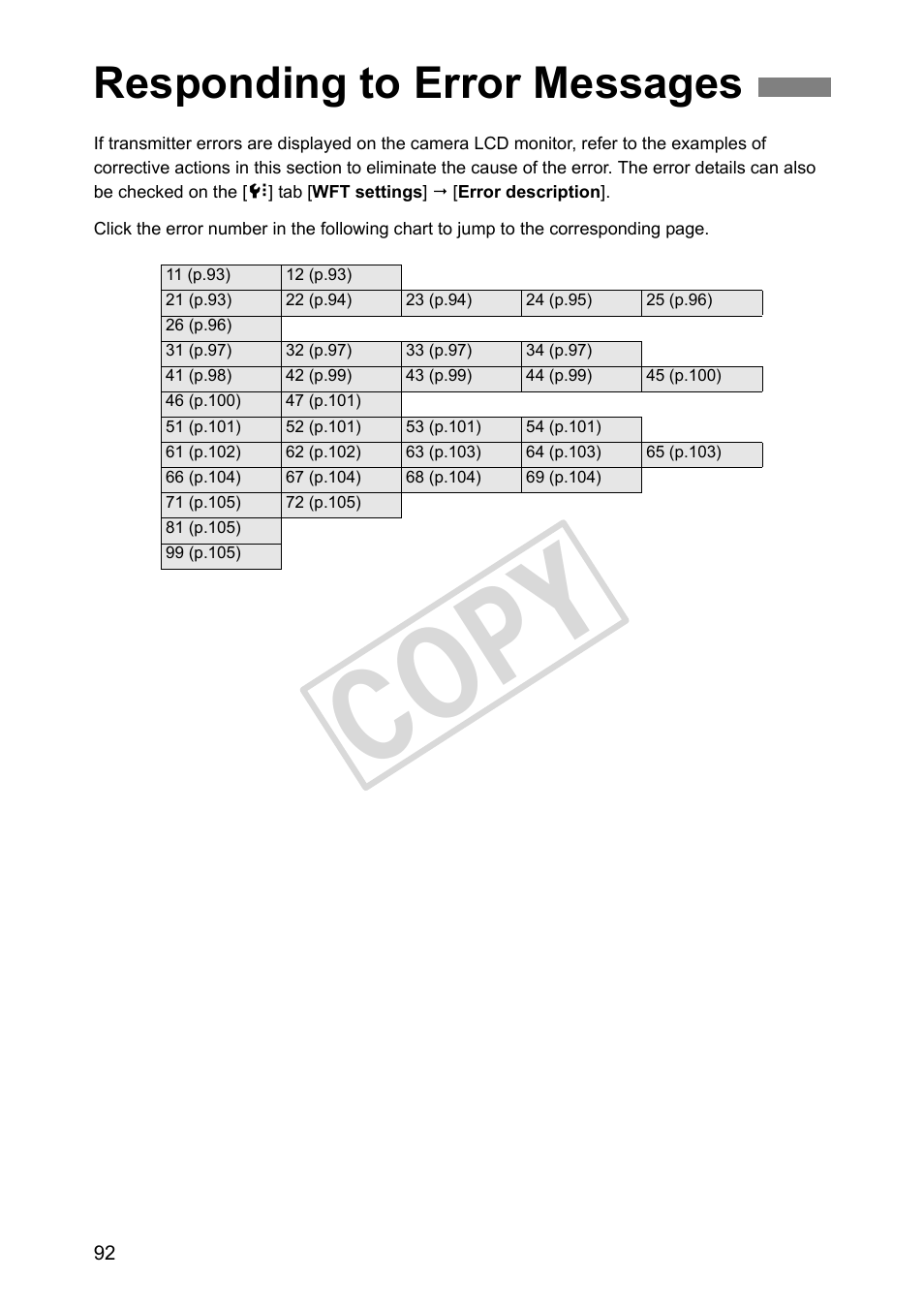 Responding to error messages, Cop y | Canon Wireless File Transmitter WFT-E2 II A User Manual | Page 92 / 120
