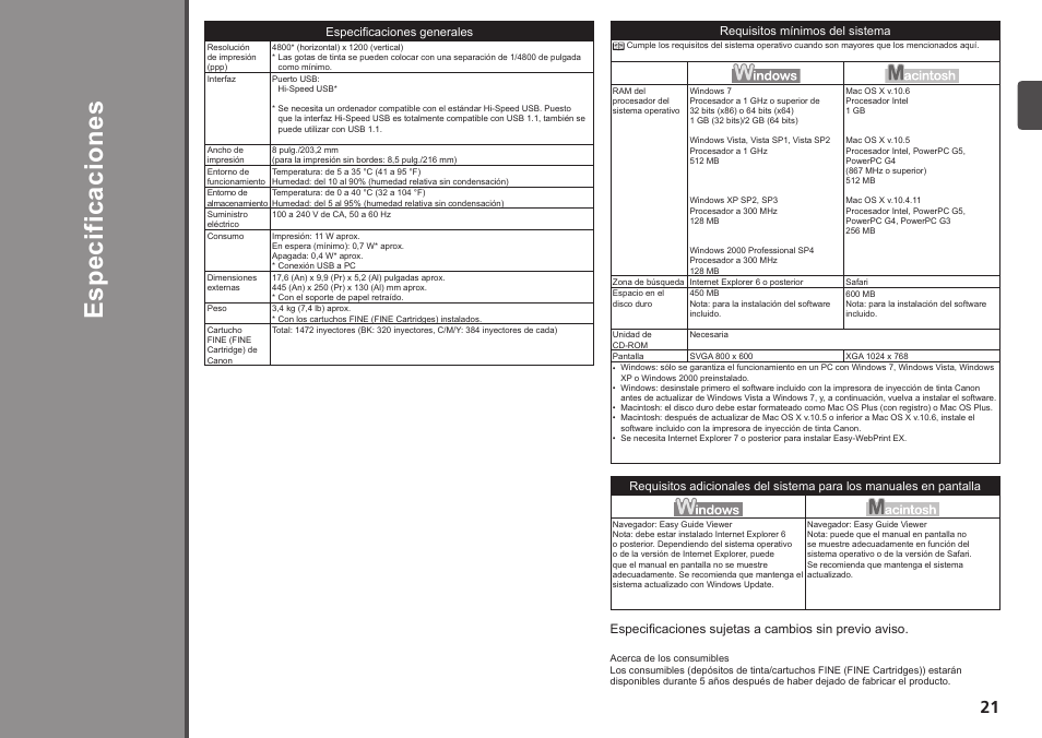 Es pe ci fic ac io ne s | Canon PIXMA iP2702 User Manual | Page 23 / 24