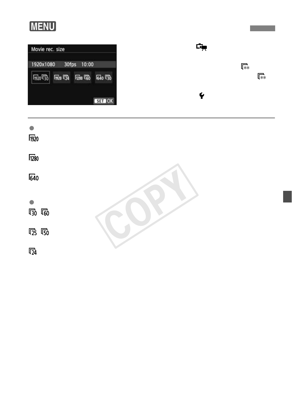 Cop y, 3setting the movie-recording size | Canon EOS Rebel T5i 18-55mm IS STM Lens Kit User Manual | Page 185 / 388