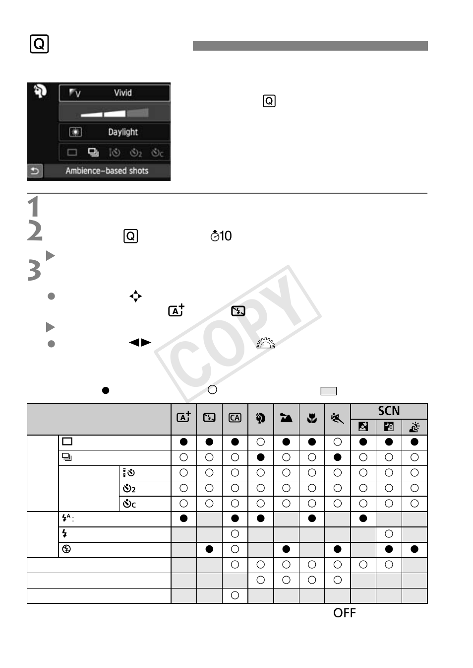 Cop y, Q quick control, Set the mode dial to a basic zone mode | Press the < q > button, Set the function, Settable functions in basic zone modes | Canon EOS Rebel T5i 18-55mm IS STM Lens Kit User Manual | Page 76 / 388