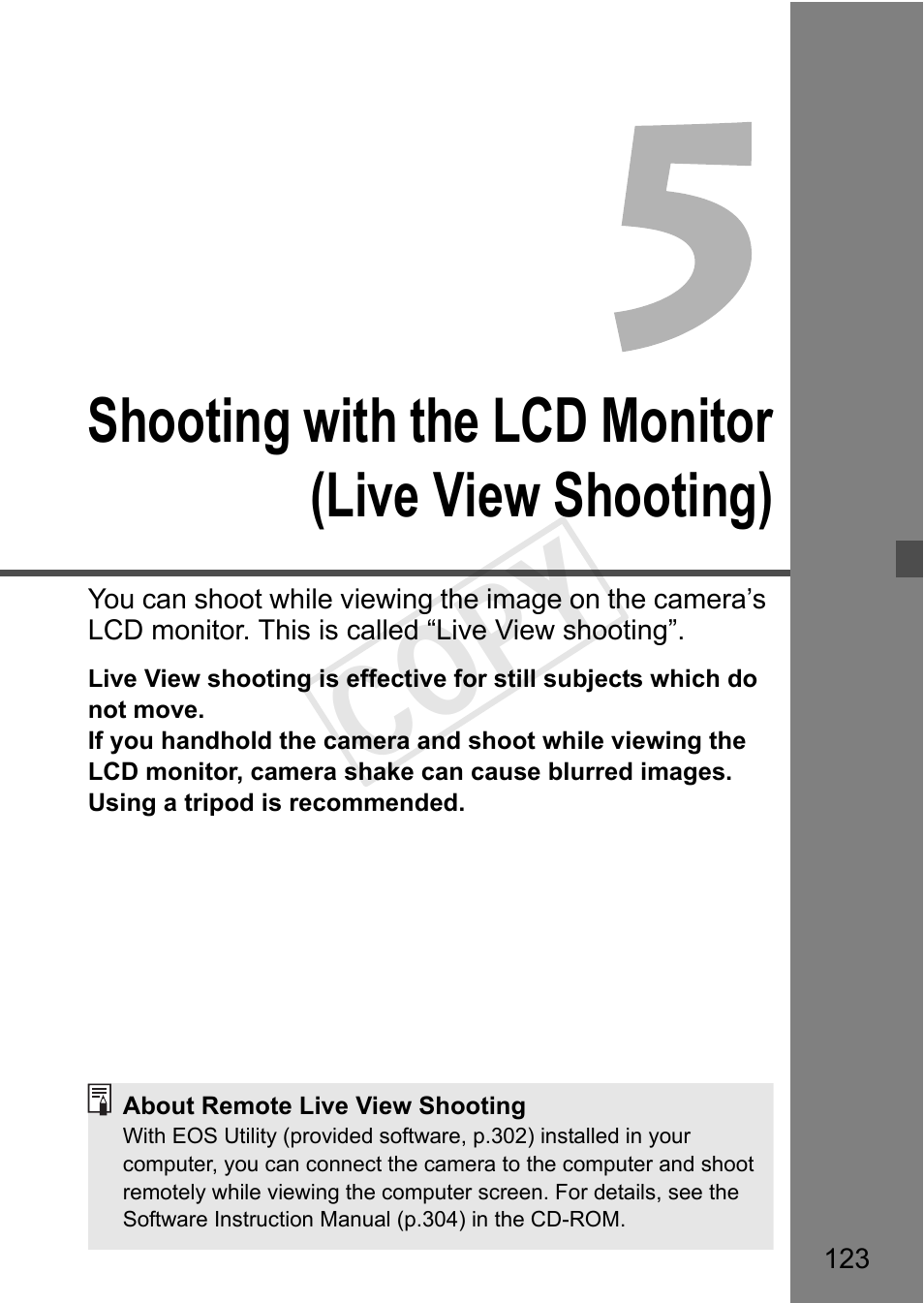 Cop y, Shooting with the lcd monitor (live view shooting) | Canon EOS Rebel T3i 18-55mm IS II Lens Kit User Manual | Page 123 / 324