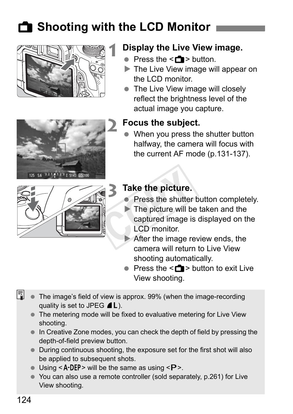 Cop y, A shooting with the lcd monitor | Canon EOS Rebel T3i 18-55mm IS II Lens Kit User Manual | Page 124 / 324
