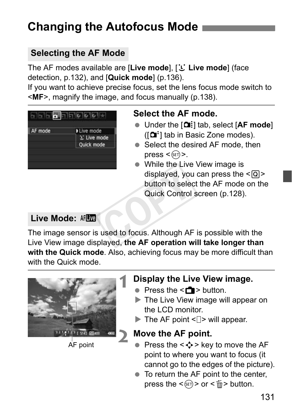 Cop y, Changing the autofocus mode | Canon EOS Rebel T3i 18-55mm IS II Lens Kit User Manual | Page 131 / 324