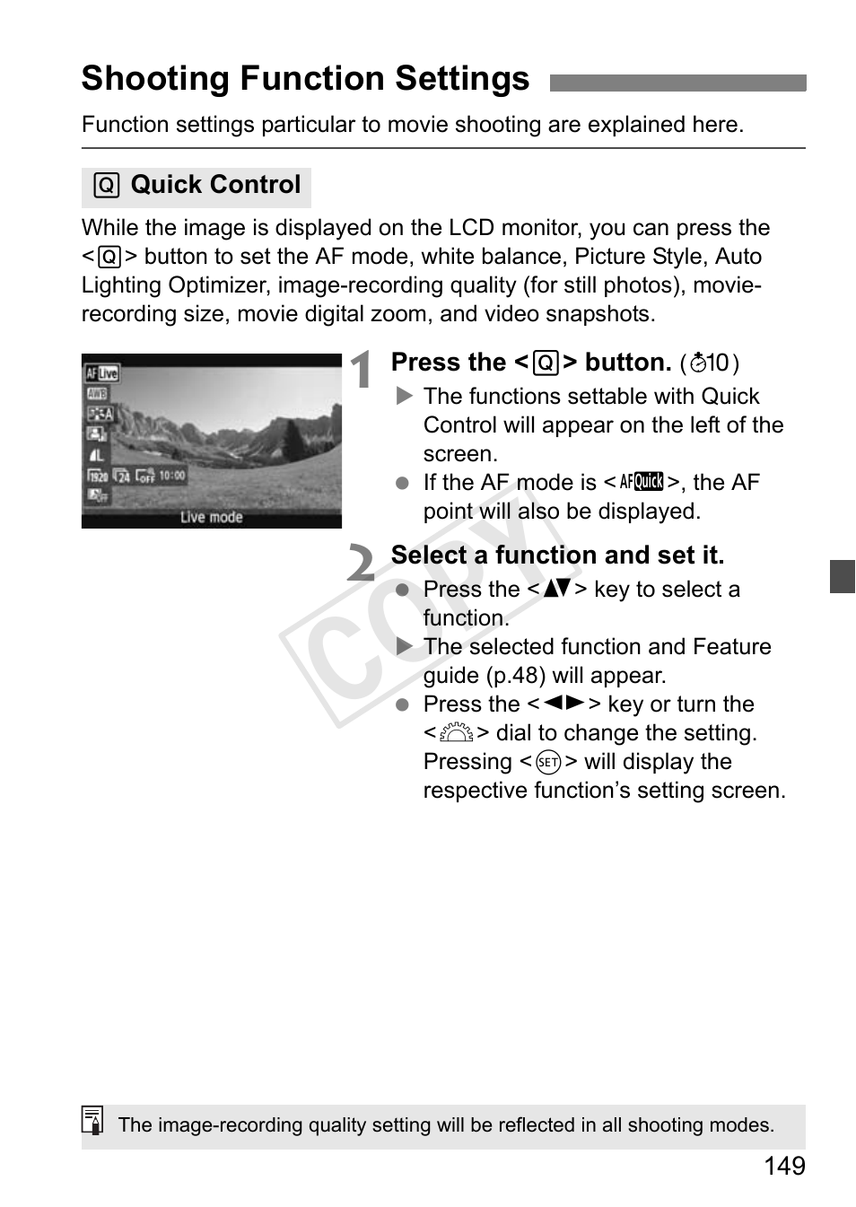 Cop y, Shooting function settings | Canon EOS Rebel T3i 18-55mm IS II Lens Kit User Manual | Page 149 / 324