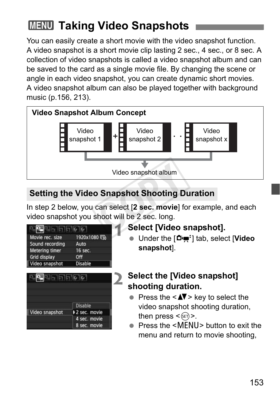 Cop y, 3taking video snapshots | Canon EOS Rebel T3i 18-55mm IS II Lens Kit User Manual | Page 153 / 324