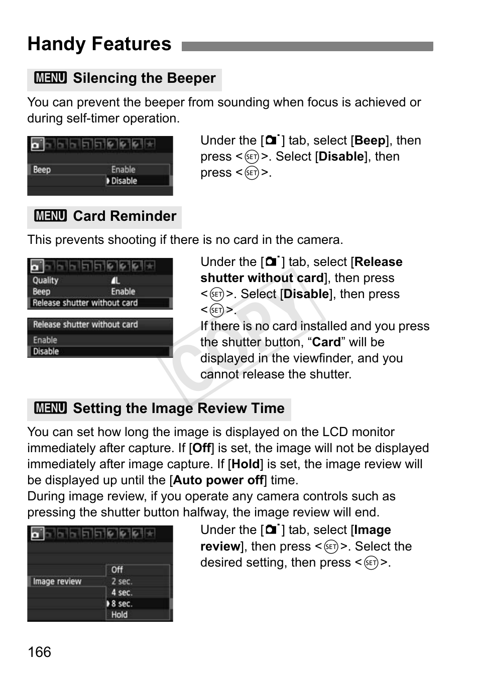 Cop y, Handy features | Canon EOS Rebel T3i 18-55mm IS II Lens Kit User Manual | Page 166 / 324